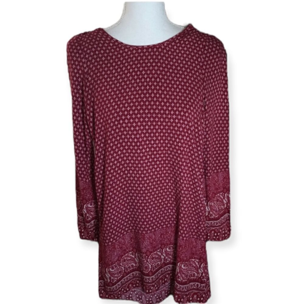 FULL TILT BURGUNDY & CREAM PAISLY DRESS SZ.M RUNS SMALL EUC